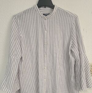 Chaps White Button-Down Top with Black Pinstripes